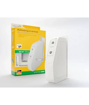 Der „Schellenberg RolloDrive 75 STANDARD – weiß“ von Schellenberg ist zusammen mit seiner gelben und grünen Verpackung auf weißem Hintergrund abgebildet und verfügt über eine innovative Zeitautomatik für eine komfortable Bedienung.