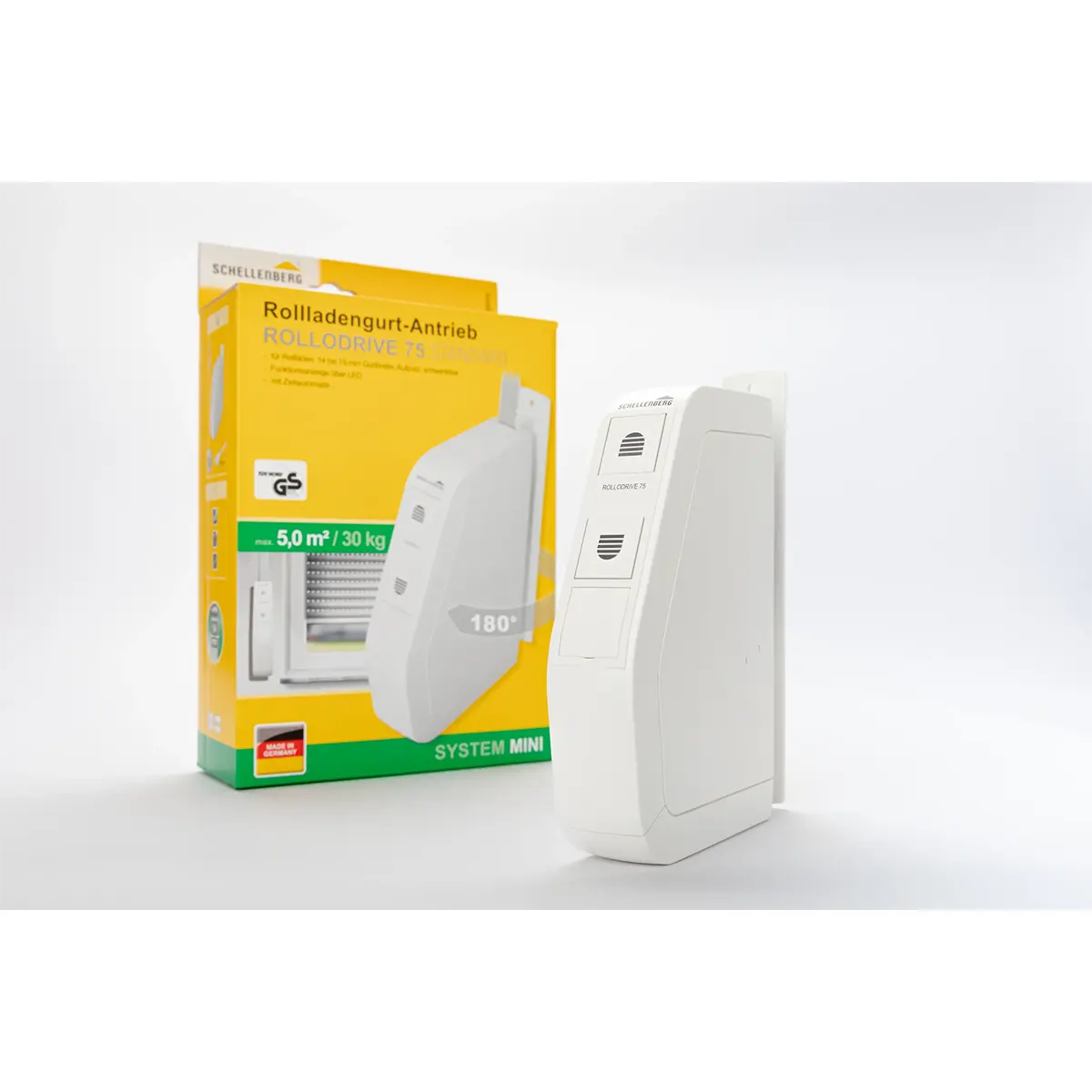 Der „Schellenberg RolloDrive 75 STANDARD – weiß“ von Schellenberg ist zusammen mit seiner gelben und grünen Verpackung auf weißem Hintergrund abgebildet und verfügt über eine innovative Zeitautomatik für eine komfortable Bedienung.