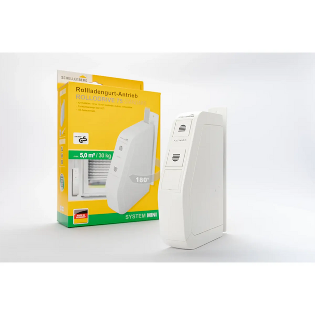 Der „Schellenberg RolloDrive 75 STANDARD – weiß“ von Schellenberg ist zusammen mit seiner gelben und grünen Verpackung auf weißem Hintergrund abgebildet und verfügt über eine innovative Zeitautomatik für eine komfortable Bedienung.
