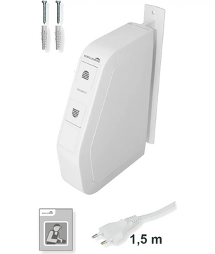 Der Schellenberg RolloDrive 75 STANDARD – weiß, ein weißes Wandgerät von Schellenberg, wird komplett mit Stecker, Schrauben, Dübeln und einer Bedienungsanleitung geliefert. Er eignet sich ideal als elektrischer Rollladengurtwickler und verfügt über eine Zeitautomatik für eine bequeme und effiziente Bedienung.