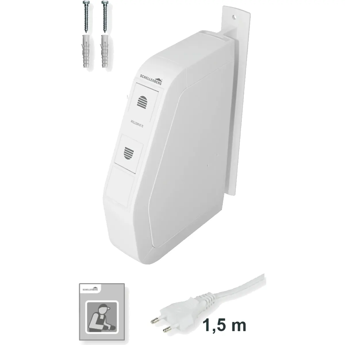 Der Schellenberg RolloDrive 75 STANDARD – weiß, ein weißes Wandgerät von Schellenberg, wird komplett mit Stecker, Schrauben, Dübeln und einer Bedienungsanleitung geliefert. Er eignet sich ideal als elektrischer Rollladengurtwickler und verfügt über eine Zeitautomatik für eine bequeme und effiziente Bedienung.