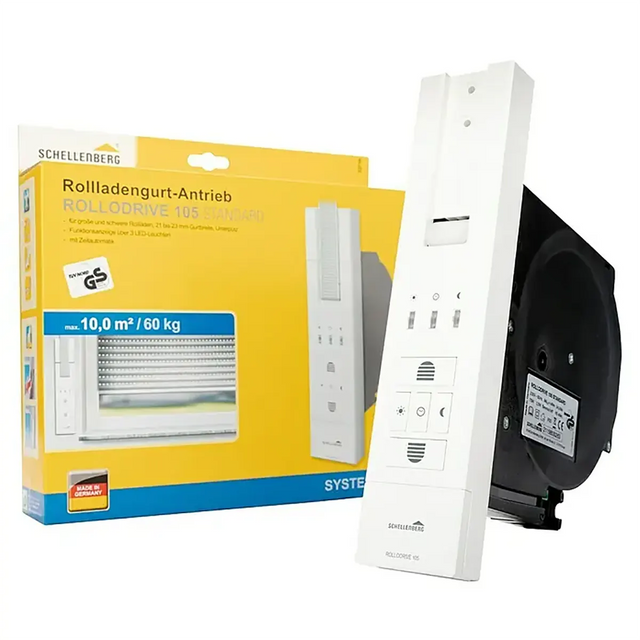 Der Schellenberg RolloDrive 105 STANDARD Gurtwickler in Weiß ist ein elektrischer Gurtwickler mit Zeitsteuerung und eignet sich ideal für Rollladen-Maxi-Systeme.