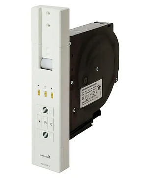 Weißer Schellenberg RolloDrive 105 STANDARD Automatikantrieb mit Seitenansicht, ausgestattet mit Bedientasten und integriertem Sensor, konzipiert für den Einsatz mit Rollladen-Maxi-Systemen und ausgestattet mit innovativer Zeitautomatik für eine bequeme Zeitplanung.
