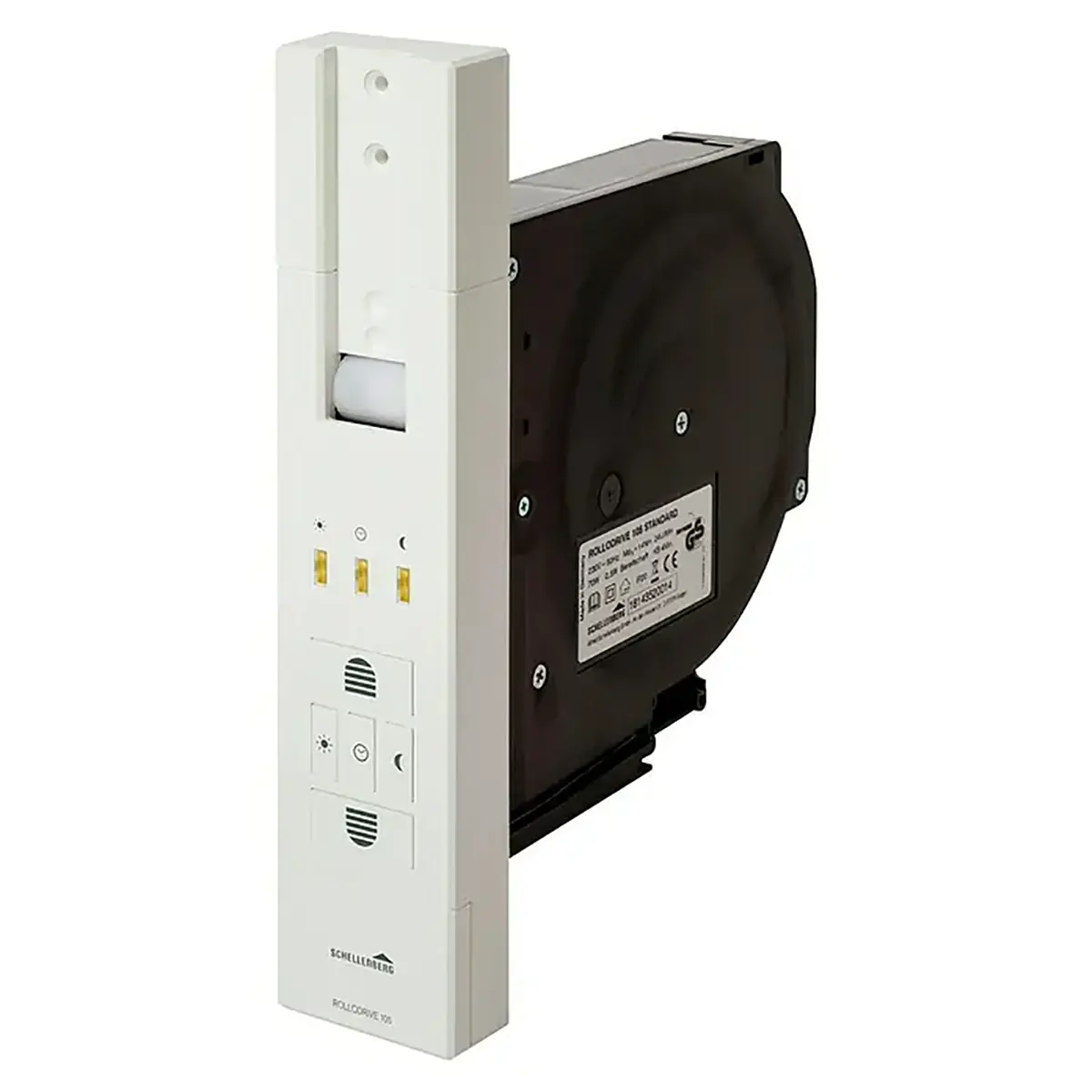 Weißer Schellenberg RolloDrive 105 STANDARD Automatikantrieb mit Seitenansicht, ausgestattet mit Bedientasten und integriertem Sensor, konzipiert für den Einsatz mit Rollladen-Maxi-Systemen und ausgestattet mit innovativer Zeitautomatik für eine bequeme Zeitplanung.