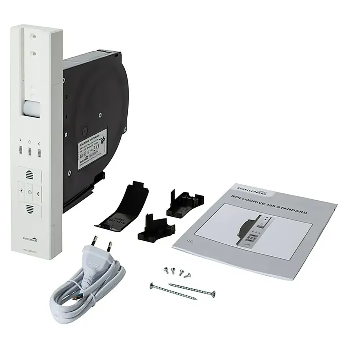 Schellenberg RolloDrive 105 STANDARD Gurtwickler – weiß, elektrischer Rollladengurtwickler für Maxi-Systeme mit Zeitautomatik, inklusive Kabel, Wandhalterungen, Schrauben und Anleitung auf weißem Hintergrund.