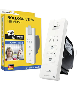 Der Schellenberg RolloDrive 65 PREMIUM Gurtwickler – weiß, hier abgebildet mit Verpackung und einer weißen Fernbedienung, ist ein hochwertiger motorisierter Gurtwickler für die komfortable Rollladensteuerung von Schellenberg.