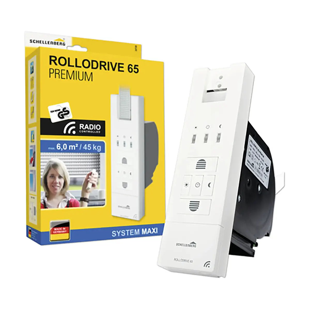 Der Schellenberg RolloDrive 65 PREMIUM Gurtwickler – weiß, hier abgebildet mit Verpackung und einer weißen Fernbedienung, ist ein hochwertiger motorisierter Gurtwickler für die komfortable Rollladensteuerung von Schellenberg.