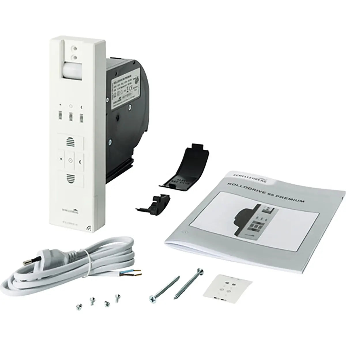 Schellenberg RolloDrive 65 PREMIUM Gurtwickler – weißer Elektronik-Bausatz von Schellenberg, bestehend aus einer weißen Motor-Einheit, einem Netzkabel, Schrauben, Kunststoffteilen und einer Bedienungsanleitung – alles vor weißem Hintergrund präsentiert.