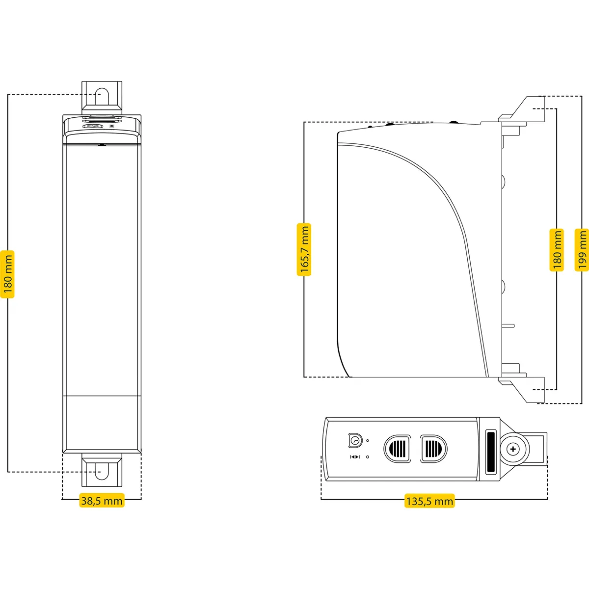 Technische Zeichnung eines rechteckigen Geräts, beispielsweise des „Schellenberg RolloDrive 35 Gurtwickler – weiß“ von Schellenberg, mit an allen Seiten in Millimetern angegebenen Maßen.