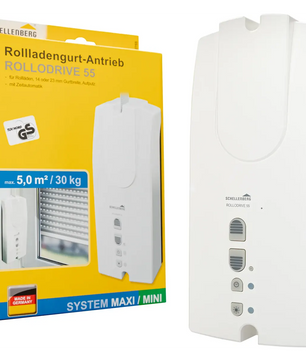 Der weiße Schellenberg RolloDrive 55 Gurtwickler von Schellenberg ist neben seiner gelben und blauen Verpackung abgebildet und eignet sich somit ideal für die Rollladenautomatisierung.