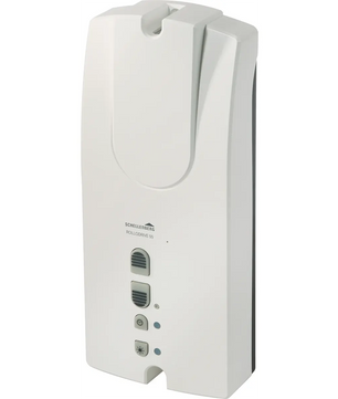 Weißes, an der Wand montiertes Fernbedienungsgerät mit drei Tasten und Kontrollleuchten, aus einem leichten Winkel aufgenommen – ideal für die komfortable Rollladen-Automatisierung mit dem „Schellenberg RolloDrive 55 Gurtwickler in Weiß“ von Schellenberg.