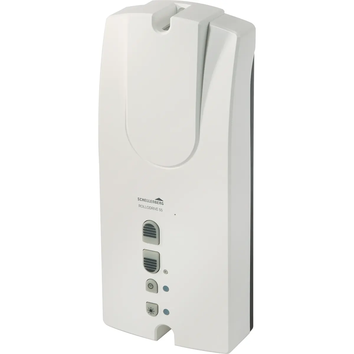 Weißes, an der Wand montiertes Fernbedienungsgerät mit drei Tasten und Kontrollleuchten, aus einem leichten Winkel aufgenommen – ideal für die komfortable Rollladen-Automatisierung mit dem „Schellenberg RolloDrive 55 Gurtwickler in Weiß“ von Schellenberg.