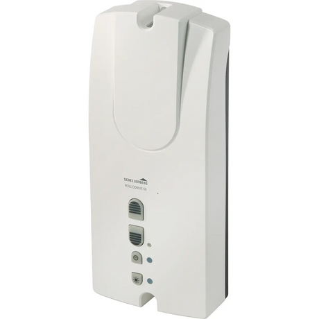 Weißes, an der Wand montiertes Fernbedienungsgerät mit drei Tasten und Kontrollleuchten, aus einem leichten Winkel aufgenommen – ideal für die komfortable Rollladen-Automatisierung mit dem „Schellenberg RolloDrive 55 Gurtwickler in Weiß“ von Schellenberg.