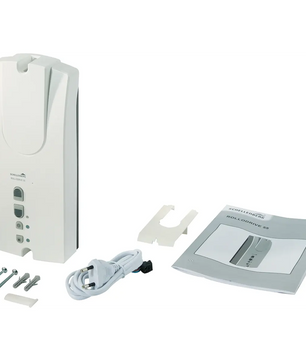 Schellenberg RolloDrive 55 Gurtwickler – weißes Wandgerät mit Bedienelement, Befestigungsmaterial, Kabel und Halterung, abgebildet auf weißem Hintergrund – ideal für die Smart-Home-Integration mit Rollladen-Automatisierung oder den Einsatz als elektrischer Gurtwickler in automatisierten Rollladensystemen.