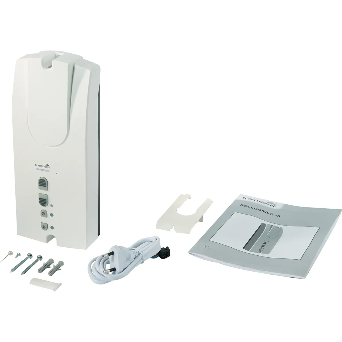 Schellenberg RolloDrive 55 Gurtwickler – weißes Wandgerät mit Bedienelement, Befestigungsmaterial, Kabel und Halterung, abgebildet auf weißem Hintergrund – ideal für die Smart-Home-Integration mit Rollladen-Automatisierung oder den Einsatz als elektrischer Gurtwickler in automatisierten Rollladensystemen.