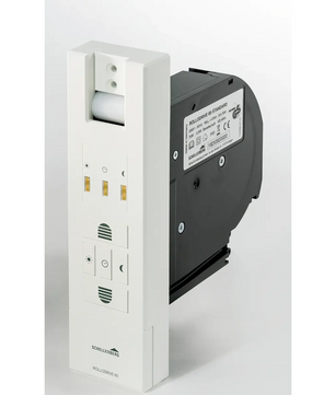 Der weiße Schellenberg RolloDrive 65 Gurtwickler besticht durch sein elegantes und modernes Design und wird zusammen mit seinem raffinierten schwarzen Mechanismus präsentiert – er bietet automatisierten Komfort für moderne Innenräume, ähnlich wie ein automatischer Lufterfrischer-Spender mit intuitiver Bedienung.