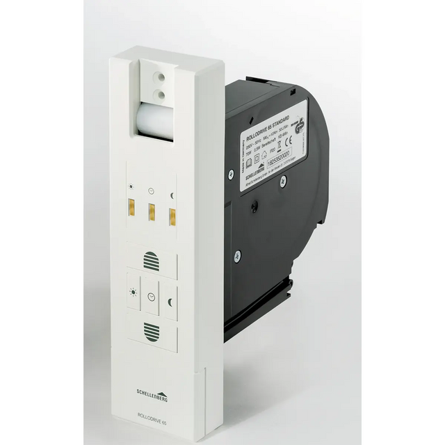 Der weiße Schellenberg RolloDrive 65 Gurtwickler besticht durch sein elegantes und modernes Design und wird zusammen mit seinem raffinierten schwarzen Mechanismus präsentiert – er bietet automatisierten Komfort für moderne Innenräume, ähnlich wie ein automatischer Lufterfrischer-Spender mit intuitiver Bedienung.