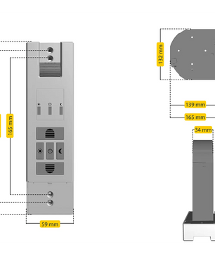 Ein hohes, rechteckiges, weißes Gerät mit beschrifteten Maßangaben und technischen Diagrammen auf weißem Hintergrund: Der „Schellenberg RolloDrive 65 Gurtwickler – weiß“ ist ein eleganter elektrischer Gurtwickler für automatische Rollläden von Schellenberg, der präzise Steuerung und einfache Installation bietet.