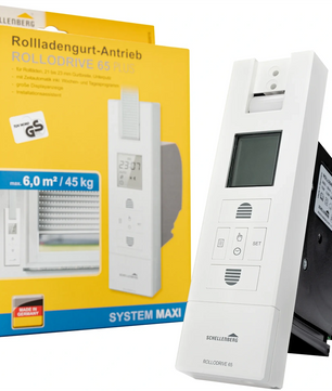 Schellenberg RolloDrive 65 PLUS – elektrischer Rollladengurtwickler in Originalverpackung, Vorderansicht.
