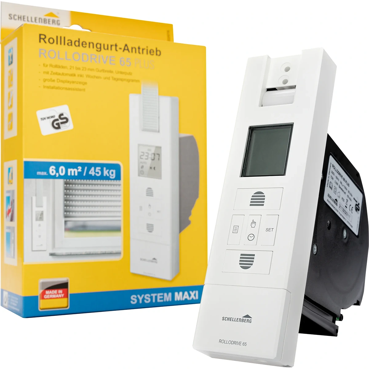 Schellenberg RolloDrive 65 PLUS – elektrischer Rollladengurtwickler in Originalverpackung, Vorderansicht.