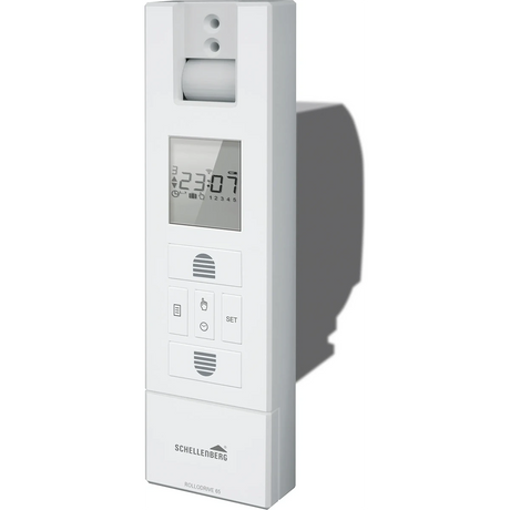 Die weiße, an der Wand montierte elektronische Zeitschaltuhr von Schellenberg mit LCD-Display und Tasten ist mit Geräten wie dem Schellenberg RolloDrive 65 PLUS kompatibel.