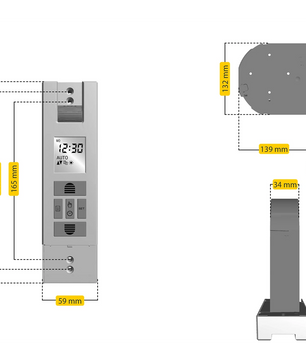 Vorder-, Seiten- und Draufsicht auf den Schellenberg RolloDrive 65 PLUS von Schellenberg, mit Abmessungen in Millimetern.
