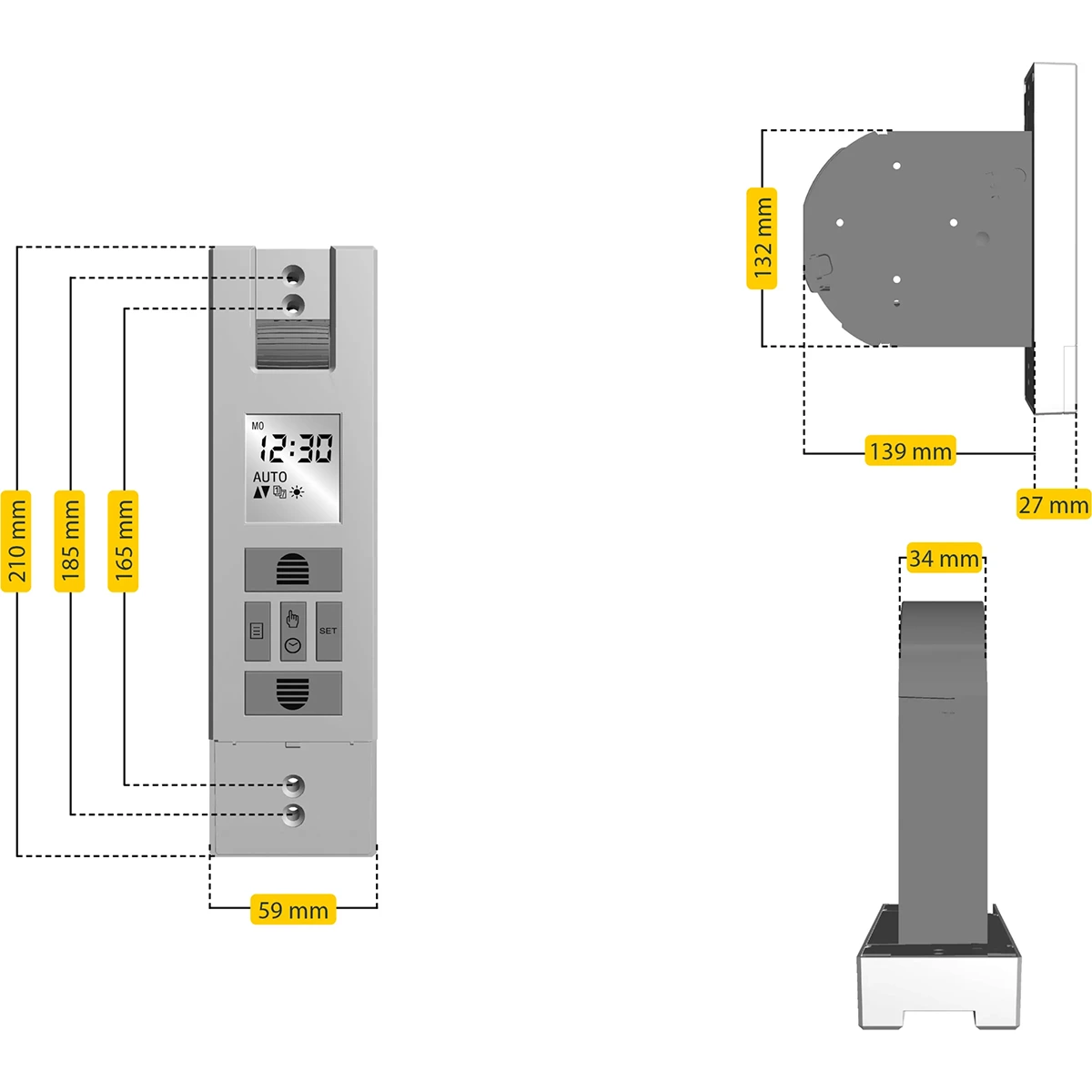 Vorder-, Seiten- und Draufsicht auf den Schellenberg RolloDrive 65 PLUS von Schellenberg, mit Abmessungen in Millimetern.