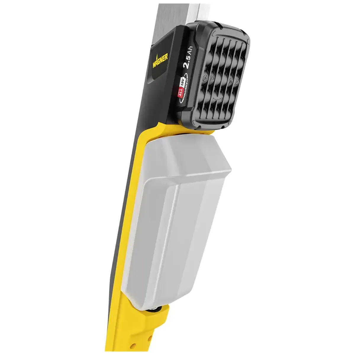Nahaufnahme des Wagner LEVARO PowerBrush 18V Terrassenreinigers in Gelb und Schwarz mit einem grauen 2,5-Ah-Akku – ideal für die effiziente Reinigung von Außenflächen und die Terrassenpflege.