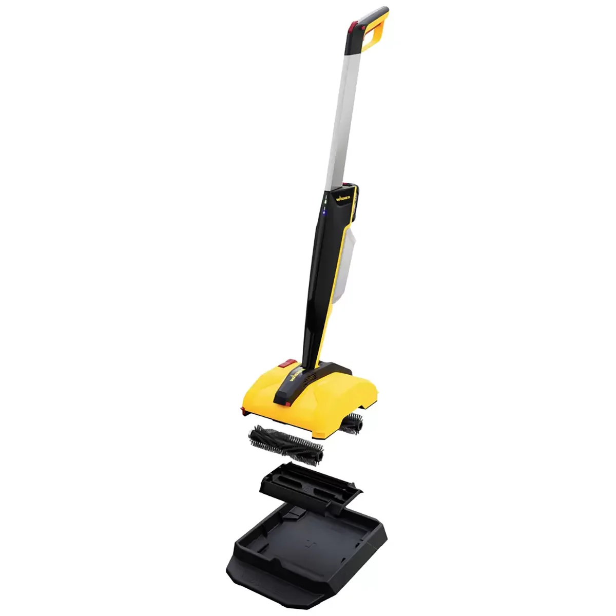 Der gelbe Wagner LEVARO PowerBrush 18V Terrassenreiniger steht aufrecht neben seiner schwarzen Basisstation und einem abnehmbaren Bürstenaufsatz und ist damit die ideale und vielseitige Wahl für die Reinigung von Außenflächen.
