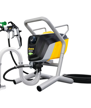 Das Farbsprühsystem „Wagner HEA Control Pro M275 – gelb“ von Wagner verfügt über ein gelb-schwarzes Gehäuse auf einem Metallständer und ist mit einem Schlauch und einer Spritzpistole ausgestattet. Es nutzt die fortschrittliche HEA-Airless-Technologie für präzise und effiziente Lackierergebnisse.