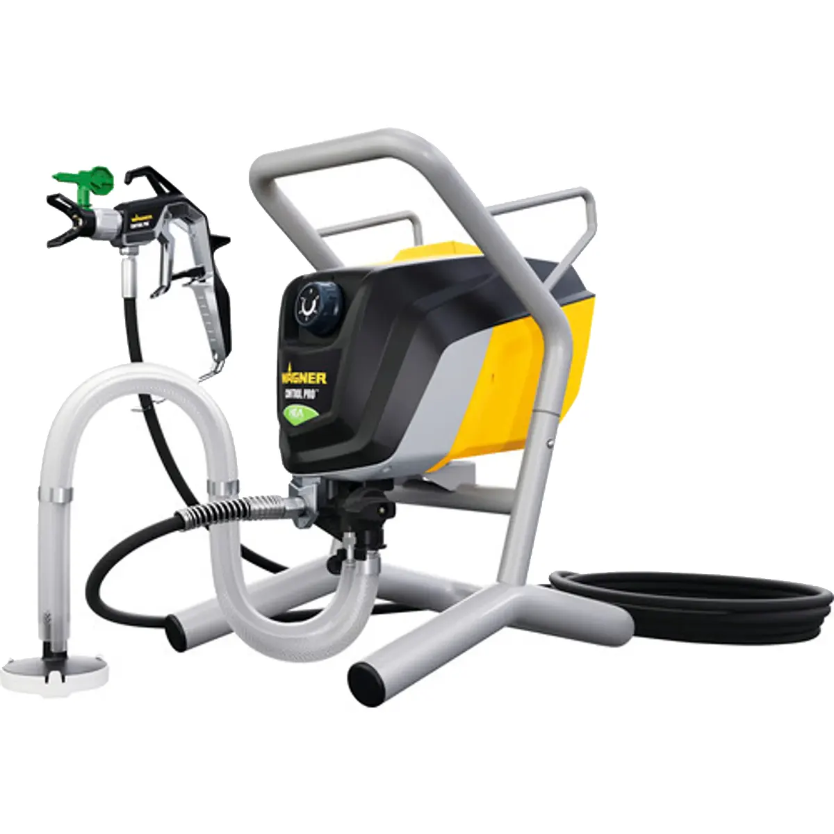 Das Farbsprühsystem „Wagner HEA Control Pro M275 – gelb“ von Wagner verfügt über ein gelb-schwarzes Gehäuse auf einem Metallständer und ist mit einem Schlauch und einer Spritzpistole ausgestattet. Es nutzt die fortschrittliche HEA-Airless-Technologie für präzise und effiziente Lackierergebnisse.