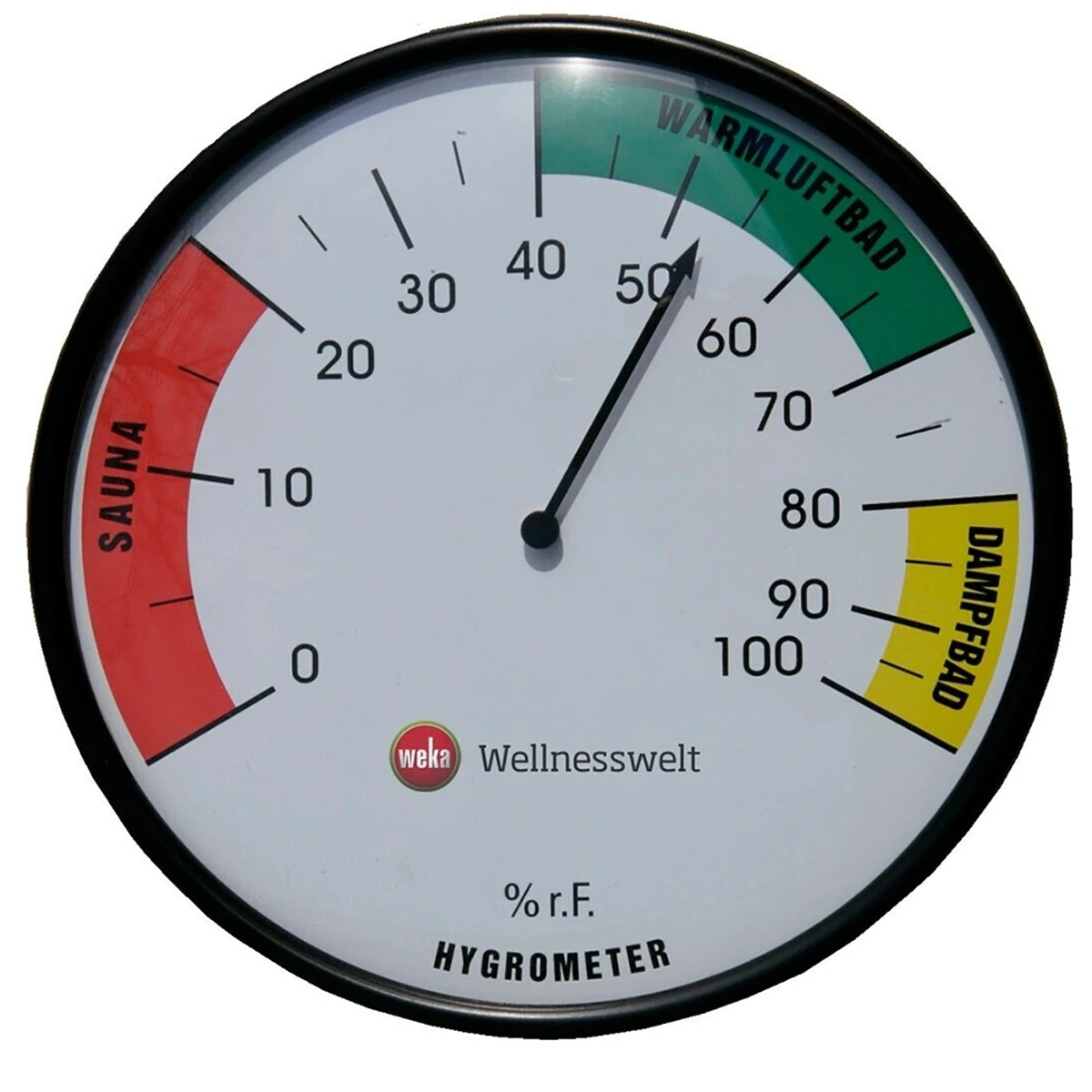 Das Weka-Hygrometer – weiß von Weka verfügt über farbige Bereiche mit den Bezeichnungen „Sauna“, „Warmluftbad“ und „Dampfbad“ für eine präzise Messung der Luftfeuchtigkeit in Saunen.