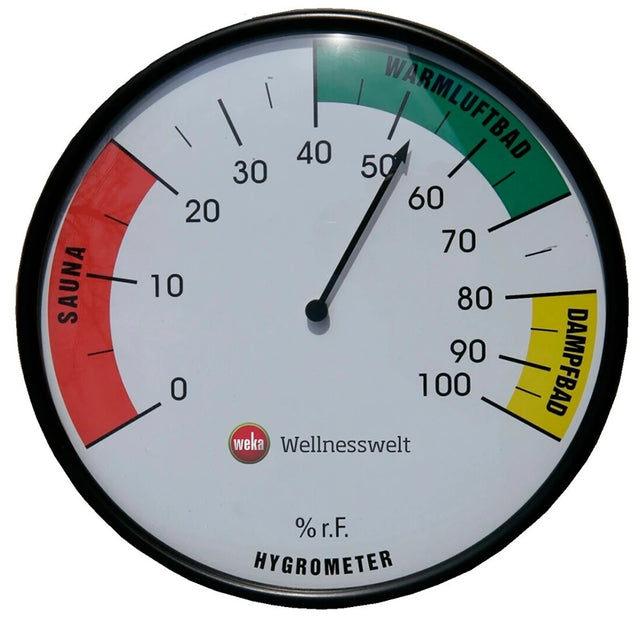 Das Weka-Hygrometer – weiß von Weka verfügt über farbige Bereiche mit den Bezeichnungen „Sauna“, „Warmluftbad“ und „Dampfbad“ für eine präzise Messung der Luftfeuchtigkeit in Saunen.