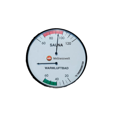 Das WEKA 2-in-1-Sauna-Thermometer – braun von Weka ist ein rundes Sauna-Thermometer für 0–120 °C mit farbigen Zonen zur Anzeige der Temperaturstufen – perfekt für jede Sauna oder jedes Dampfbad.