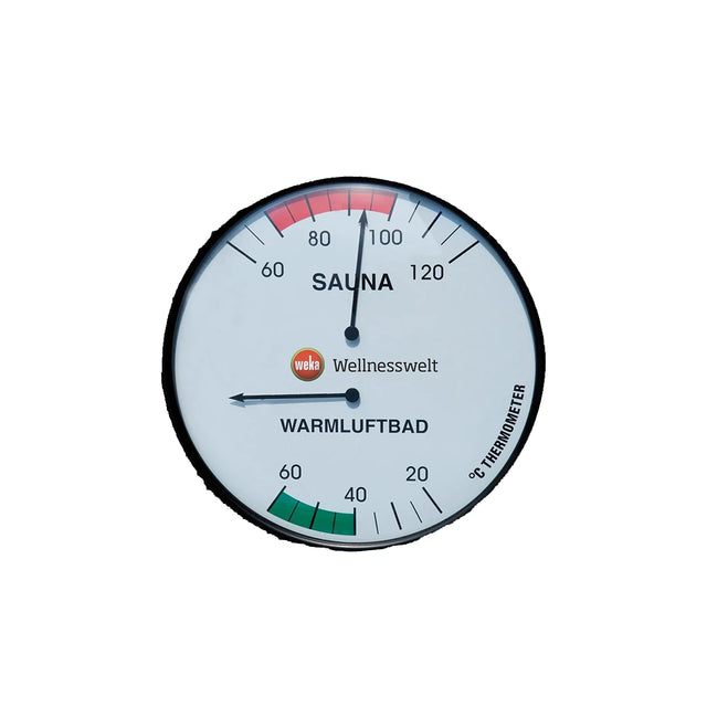 Das WEKA 2-in-1-Sauna-Thermometer – braun von Weka ist ein rundes Sauna-Thermometer für 0–120 °C mit farbigen Zonen zur Anzeige der Temperaturstufen – perfekt für jede Sauna oder jedes Dampfbad.