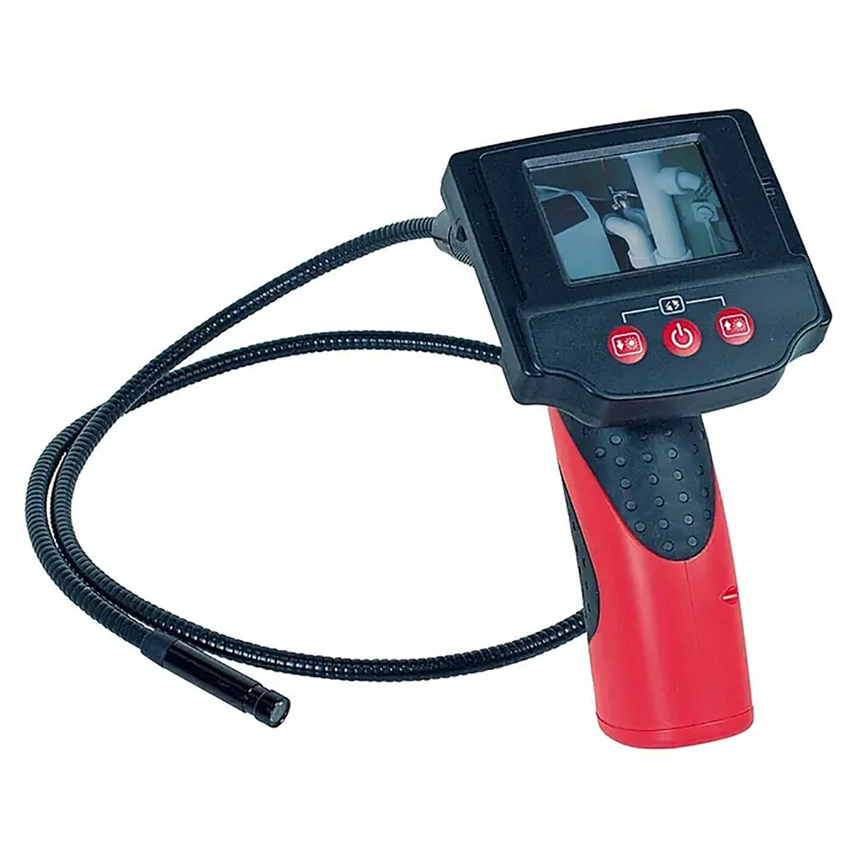Die Endoskopkamera Rothenberger TF 3006 X von ROTHENBERGER INDUSTRIAL verfügt über einen flexiblen Schlauch, einen Bildschirm sowie einen rot-schwarzen Griff.