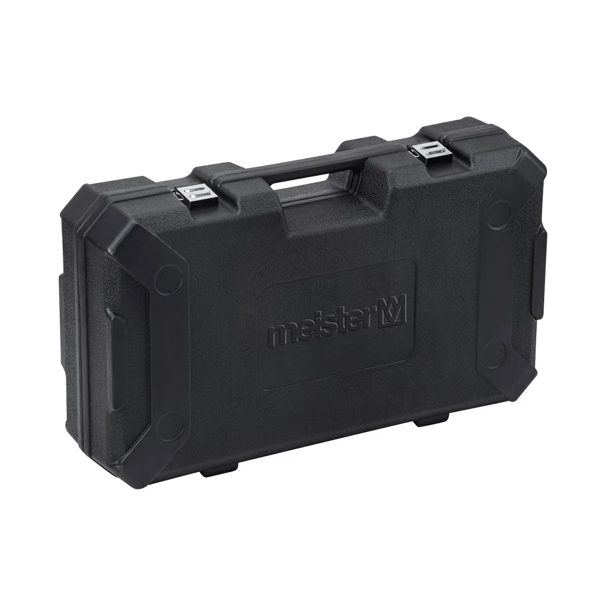 Stabiler schwarzer Hartplastikkoffer mit Griff und Metallverschlüssen, geprägt mit dem Meister-Logo - ideal für die sichere Aufbewahrung und den Transport Ihres Meister Abbruchhammers MAH 1600-1 1600 Watt zu jeder Baustelle.