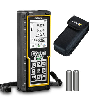 Der STABILA LD 520 Laser-Entfernungsmesser in Schwarz besitzt Display, 360°-Neigungssensor und wird mit zwei Batterien sowie Tragetasche geliefert.