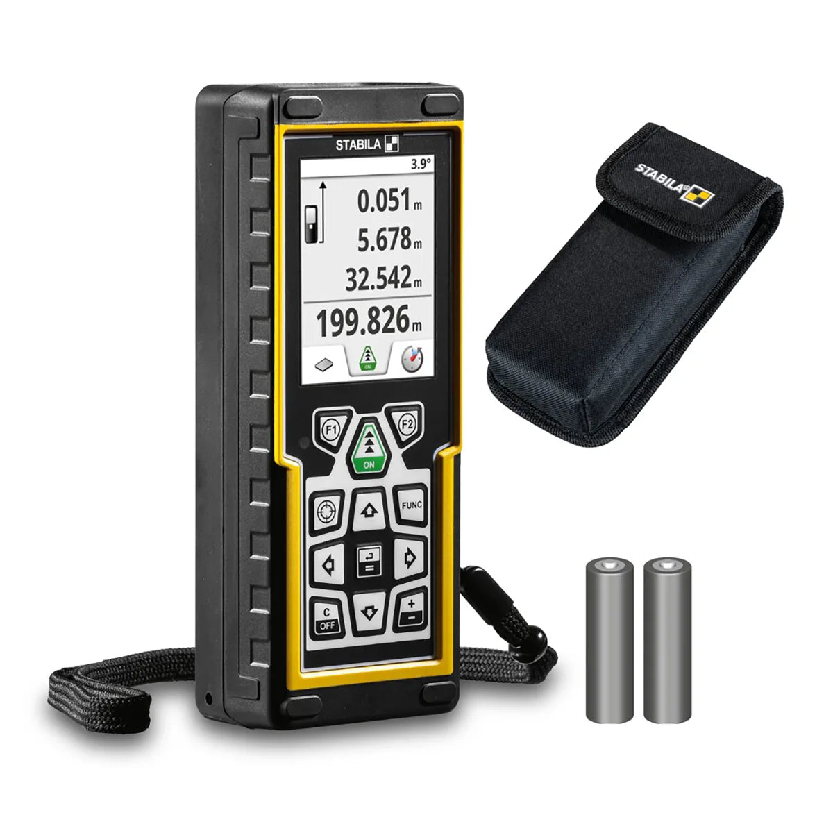 Der STABILA LD 520 Laser-Entfernungsmesser in Schwarz besitzt Display, 360°-Neigungssensor und wird mit zwei Batterien sowie Tragetasche geliefert.