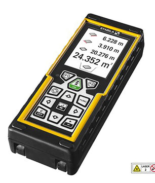Der STABILA LD 520 Laser-Entfernungsmesser in Schwarz zeigt Messwerte digital auf dem Display an und ist mit einem 360°-Neigungssensor ausgestattet.