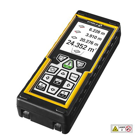 Der STABILA LD 520 Laser-Entfernungsmesser in Schwarz zeigt Messwerte digital auf dem Display an und ist mit einem 360°-Neigungssensor ausgestattet.