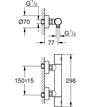 Technische Zeichnung des wandmontierten GROHE Precision Get Duschthermostats – Chrom von Grohe, mit in Millimetern angegebenen Abmessungen und Maßen, ausgestattet mit wassersparender Technik und präziser Temperaturregelung.