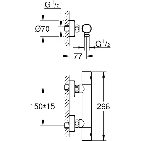 Technische Zeichnung des wandmontierten GROHE Precision Get Duschthermostats – Chrom von Grohe, mit in Millimetern angegebenen Abmessungen und Maßen, ausgestattet mit wassersparender Technik und präziser Temperaturregelung.