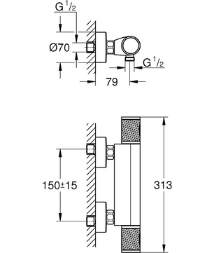 Technische Zeichnung der GROHE Precision Feel Duscharmatur - Chrom by Grohe für Aufputz-Wandmontage mit detaillierten Abmessungen und Maßangaben in Millimetern.