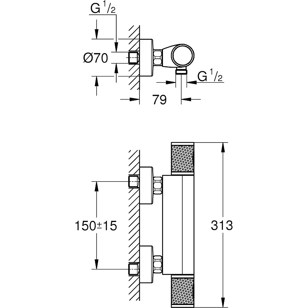 Technische Zeichnung der GROHE Precision Feel Duscharmatur - Chrom by Grohe für Aufputz-Wandmontage mit detaillierten Abmessungen und Maßangaben in Millimetern.