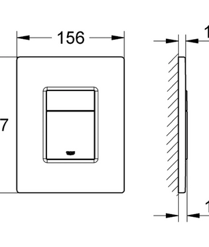 Technische Zeichnung eines Wandschalters, wie beispielsweise der „GROHE Betätigungsplatte – schwarz“ von Grohe, mit den Abmessungen 156 mm × 197 mm und einer Dicke von entweder 10 mm oder 12 mm. Dieses Modell verfügt möglicherweise auch über eine innovative Wasserspar-Technologie für mehr Effizienz.