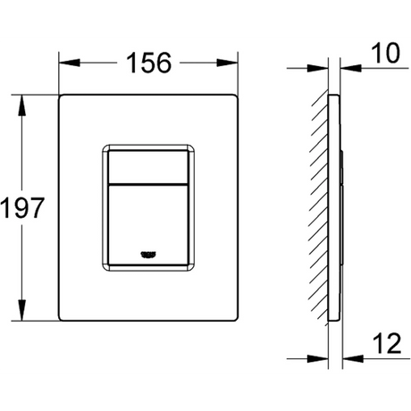 Technische Zeichnung eines Wandschalters, wie beispielsweise der „GROHE Betätigungsplatte – schwarz“ von Grohe, mit den Abmessungen 156 mm × 197 mm und einer Dicke von entweder 10 mm oder 12 mm. Dieses Modell verfügt möglicherweise auch über eine innovative Wasserspar-Technologie für mehr Effizienz.