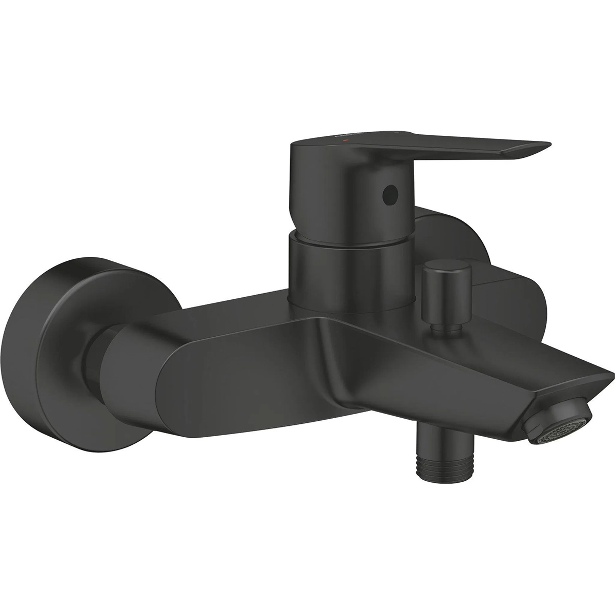 Die GROHE Start Badewannenarmatur von Grohe in Schwarz überzeugt mit modernem, mattem Design und abwärts gerichtetem Auslauf - perfekt für stilvolle Wandmontage an der Badewanne.
