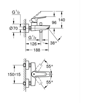 Technische Zeichnung der GROHE Start Badewannenarmatur - schwarz von Grohe, ideal für die Wandmontage, mit genauen Maßen und Winkelangaben für einen mattschwarzen Wanneneinhebelmischer.