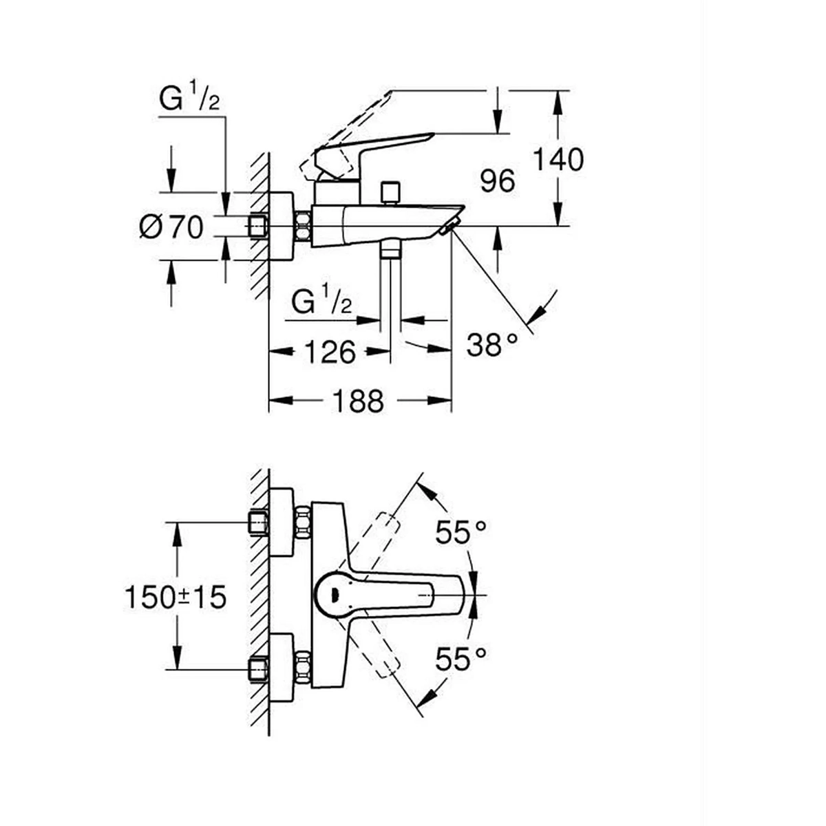 Technische Zeichnung der GROHE Start Badewannenarmatur - schwarz von Grohe, ideal für die Wandmontage, mit genauen Maßen und Winkelangaben für einen mattschwarzen Wanneneinhebelmischer.